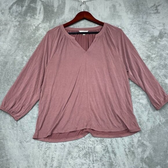 Lucky Brand Mauve 3/4 Sleeve V-Neck Relaxed Fit Blouse Large d0032 - Picture 1 of 7
